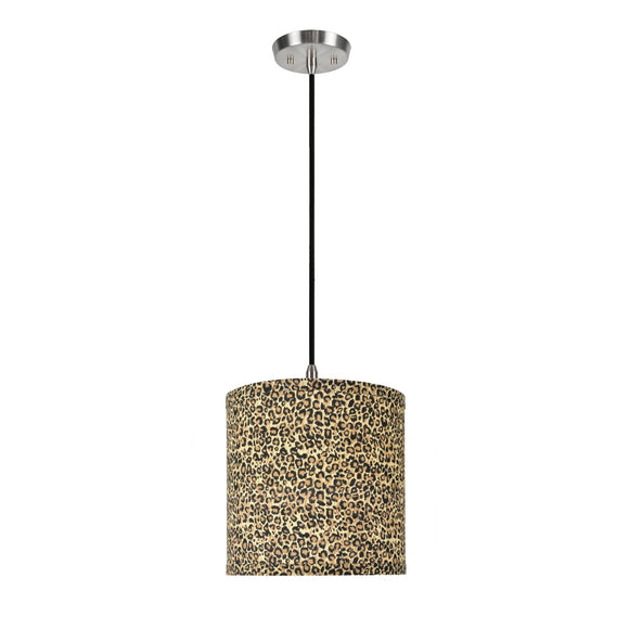 # 71054  One-Light Hanging Pendant Ceiling Light with Transitional Hardback Drum Fabric Lamp Shade, Leopard Pattern, 8