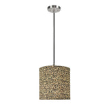 # 71054  One-Light Hanging Pendant Ceiling Light with Transitional Hardback Drum Fabric Lamp Shade, Leopard Pattern, 8" W