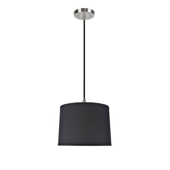 # 71066  One-Light Hanging Pendant Ceiling Light with Transitional Hardback Drum Fabric Lamp Shade, Black Cotton, 14
