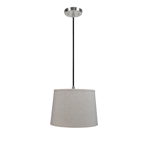 # 72053  One-Light Hanging Pendant Ceiling Light with Transitional Hardback Fabric Lamp Shade, in a Beige Linen, 14