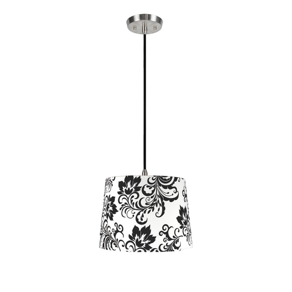 # 72141  One-Light Hanging Pendant Ceiling Light with Transitional Hardback Fabric Lamp Shade, Off White with Design, 14