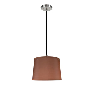 # 72145 One-Light Hanging Pendant Ceiling Light with Transitional Hardback Fabric Lamp Shade, in Dark Brown Sateen, 14" W