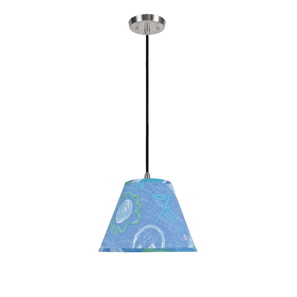 # 72192 One-Light Hanging Pendant Light with Transitional Hardback Fabric Lamp Shade, Blue with Transitional Flower Print, 12