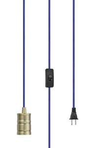 # 21001 1-Light Plug-in Vintage Style Hanging Socket Pendant Fixture with Antique Brass Socket, 15 feet of Blue Textile Cord and Rocker Switch