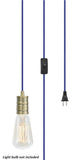 # 21001 1-Light Plug-in Vintage Style Hanging Socket Pendant Fixture with Antique Brass Socket, 15 feet of Blue Textile Cord and Rocker Switch
