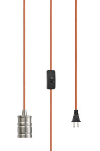 # 21002 1-Light Plug-in Vintage Style Hanging Socket Pendant Fixture with Satin Nickel Socket, 15 feet of Orange Textile Cord and Rocker Switch
