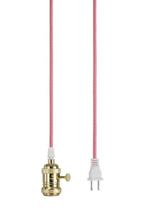# 21007-2 1-Light Plug-in Vintage Style Hanging Socket Pendant Fixture with Polished Brass Socket, 20 feet of Red and White Textile Cord and On/Off Switch