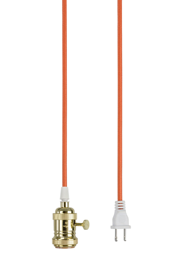# 21007-3 1-Light Plug-in Vintage Style Hanging Socket Pendant Fixture with Polished Brass Socket, 20 feet of Orange Textile Cord and On/Off Switch