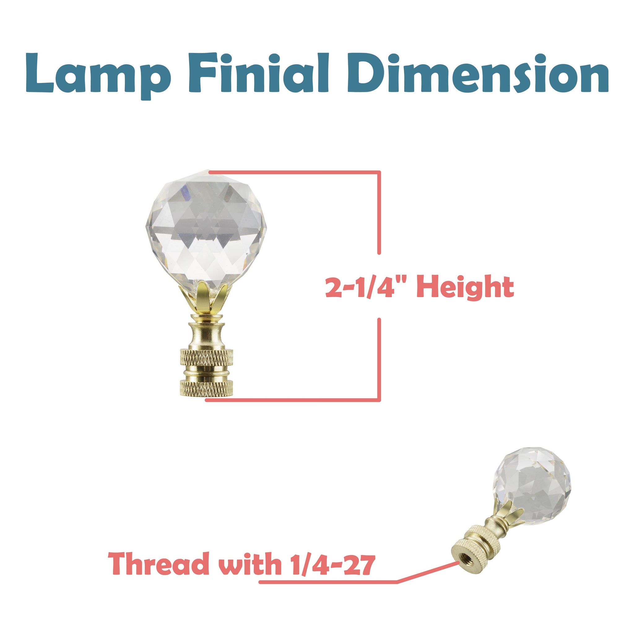 24007-12, 2 Pack, Clear Faceted Crystal Lamp Finial in Brass