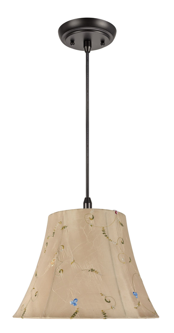# 70017 One-Light Hanging Pendant Ceiling Light with Transitional Bell Fabric Lamp Shade, Gold with Floral Design, 13