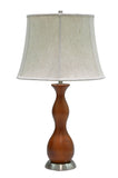 # 40002, 28" High Transitional Wooden Table Lamp, Brown Wood with Satin Nickel Base and Bell Shaped Lamp Shade in Off White, 16" Wide