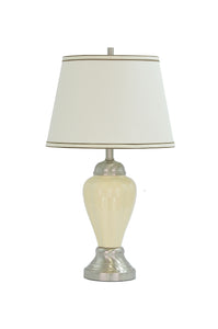 # 40016  26" High Traditional Ceramic Table Lamp, in Beige, Satin Nickel Base, Off White Hardback Empire Shaped Shade, 15" W