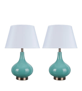 # 40027 2 Pack 23" H Modern Glass Table Lamp, Turquoise, Antique Copper Base, White Hardback Empire Shade, 14 1/2" W