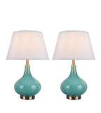 # 40027 2 Pack 23" H Modern Glass Table Lamp, Turquoise, Antique Copper Base, White Hardback Empire Shade, 14 1/2" W