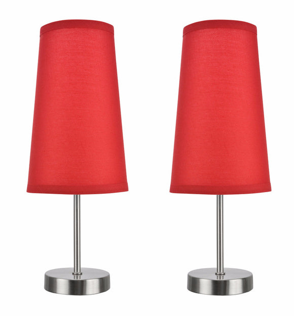 # 40084-2 2-Pack Set - 1 Light Candlestick Table Lamp, Contemporary Design in Satin Nickel Finish with Red Shade, 14 1/4