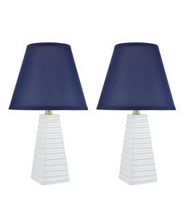 # 40091, Two Pack Set, 18 1/2" High Transitional Ceramic Table Lamp, White Finish with Hardback Empire Shaped Lamp Shade in Dark Blue, 11" Wide