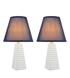 # 40091, Two Pack Set, 18 1/2" High Transitional Ceramic Table Lamp, White Finish with Hardback Empire Shaped Lamp Shade in Dark Blue, 11" Wide