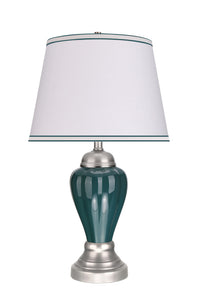 # 40092 26" High Traditional Ceramic Table Lamp, Hunter Green, Satin Nickel Base, Off White Hardback Empire Shade, 15" W