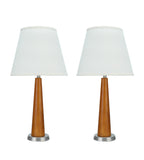 # 40096, Two Pack Set, 25" High Transitional Wooden Table Lamp, Brown Wood with Pewter Finish Base and Hardback Empire Shaped Lamp Shade in Off White, 11" Wide