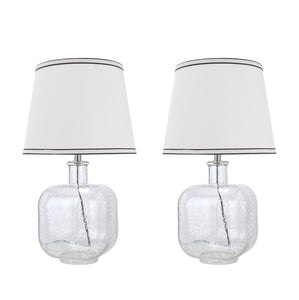 # 40111-02, Two Pack Set - 21 1/2" High Modern Glass Table Lamp, Clear Seedy Glass Finish with Empire Shaped Lamp Shade in Off White, 12" Wide