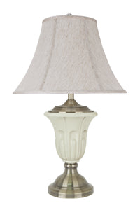 # 40123, 28 1/2" High Traditional Porcelain Table Lamp, Ivory with Antique Brass Finish Base and Bell Shaped Lamp Shade in Off White, 18" Wide