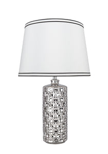 # 40191-11, 22-1/2" High Transitional Ceramic Table Lamp, Plated Nickel and Hardback Empire Shaped Lamp Shade in White, 13" Wide