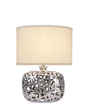 # 40192-11, 17" High Transitional Ceramic Table Lamp, Plated Nickel and Hardback Oval Shaped Lamp Shade in Beige, 13" Wide