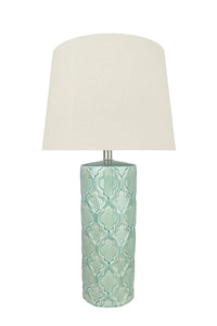 # 40201-11, 29-1/2" High Transitional Glass Table Lamp, Sea Green and Hardback Empire Shaped Lamp Shade in Beige, 15" Wide