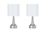 # 40231-12, Two Pack - 14-1/2" High Transitional Metal Table Lamp, Satin Nickel Finish and Drum Shaped Lamp Shade in Off White, 7" Wide