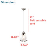 # 61044 One-Light Hanging Mini Pendant Ceiling Light, Transitional Design, Brushed Nickel, Clear Seeded Glass Shade with  Brushed Nickel Metal Wire Cage, 8" W