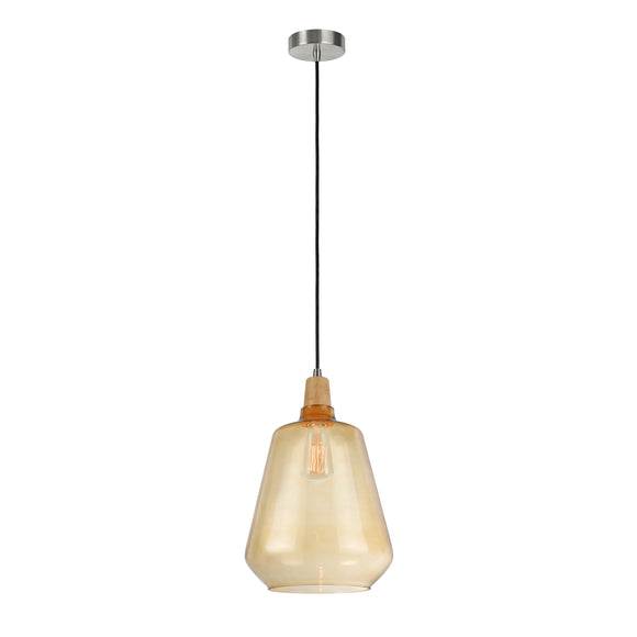 # 61051-1 Adjustable One-Light Hanging Mini Pendant Ceiling Light, Transitional Design in Satin Nickel Finish, Amber Glass Shade, 9 1/4