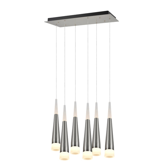 # 61074 Adjustable LED Six-Light Hanging Pendant Ceiling Light, Contemporary Design in Brushed Nickel Finish, Frosted Glass Shade, 22 1/2