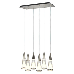 # 61075 Adjustable LED Six-Light Hanging Pendant Ceiling Light, Contemporary Design in Brushed Nickel Finish, Glass Shade, 24-1/2" Wide