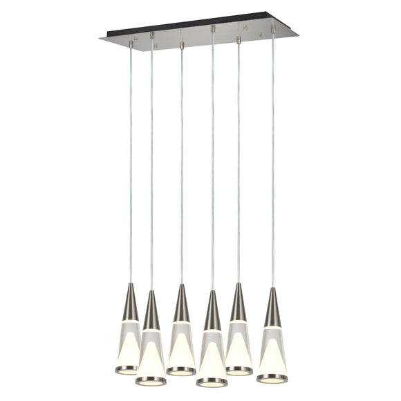 # 61075 Adjustable LED Six-Light Hanging Pendant Ceiling Light, Contemporary Design in Brushed Nickel Finish, Glass Shade, 24-1/2