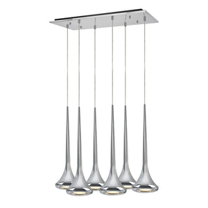 # 61076-1 Adjustable LED Six-Light Hanging Pendant Ceiling Light, Contemporary Design in Chrome Finish, Metal Shade, 24 1/2" Wide