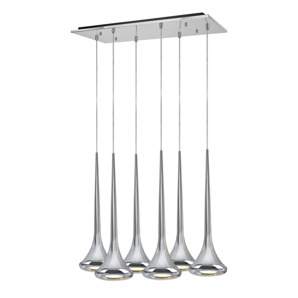# 61076-1 Adjustable LED Six-Light Hanging Pendant Ceiling Light, Contemporary Design in Chrome Finish, Metal Shade, 24 1/2