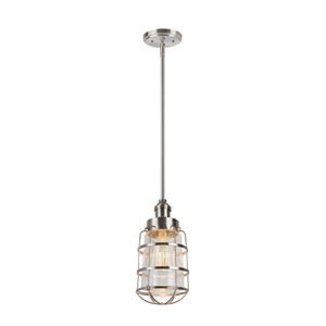# 61090 One-Light Hanging Mini Pendant Ceiling Light, 5 1/2" Wide, Transitional Design in Brushed Nickel Finish, with Clear Seedy Glass Shade with Metal Wire Cage in Brushed Nickel