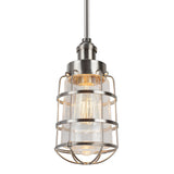 # 61090 One-Light Hanging Mini Pendant Ceiling Light, 5 1/2" Wide, Transitional Design in Brushed Nickel Finish, with Clear Seedy Glass Shade with Metal Wire Cage in Brushed Nickel