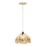 # 61096, One-Light Hanging Mini Pendant Ceiling Light, 8 3/4" Wide, Transitional Design in Polished Brass Finish, with Floral Pattern Glass Shade