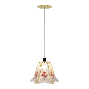 # 61097, One-Light Hanging Mini Pendant Ceiling Light, 10" Wide, Transitional Design in Polished Brass Finish, with Floral Pattern Glass Shade