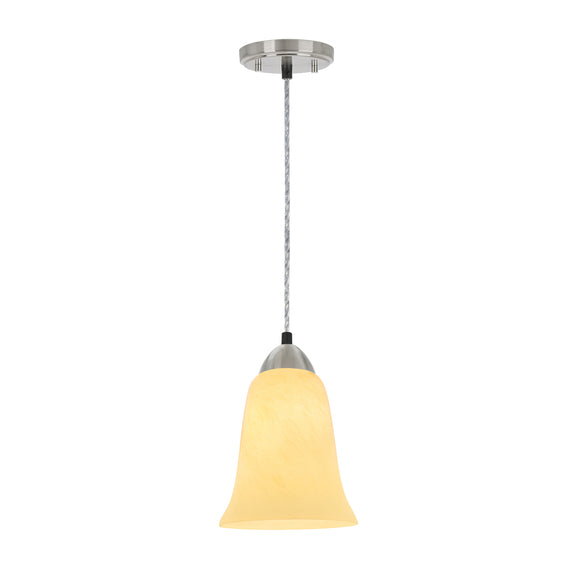 # 61105 Adjustable One-Light Mini Pendant Ceiling Light, Transitional Design in Satin Nickel Finish with Beige Art Glass Shade, 6