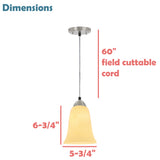 # 61105 Adjustable One-Light Mini Pendant Ceiling Light, Transitional Design in Satin Nickel Finish with Beige Art Glass Shade, 6" Wide