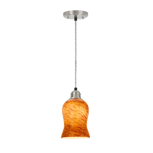 # 61106 Adjustable One-Light Mini Pendant Ceiling Light, Transitional Design in Satin Nickel Finish with Amber Art Glass Shade, 4-5/8