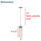 # 61109  Adjustable LED One-Light Hanging Mini Pendant Light, Contemporary Design, Brushed Nickel, Glass Shade, 4 3/4" W