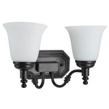 # 62021-1 Two-Light Metal Bathroom Vanity Wall Light Fixture, 15 1/2" Wide, Transitional Design in Oil Rubbed Bronze with Frosted Glass Shade