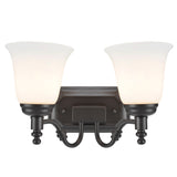 # 62021-1 Two-Light Metal Bathroom Vanity Wall Light Fixture, 15 1/2" Wide, Transitional Design in Oil Rubbed Bronze with Frosted Glass Shade