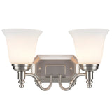 # 62021-2 Two-Light Metal Bathroom Vanity Wall Light Fixture, 15 1/2" Wide, Transitional Design in Satin Nickel with Frosted Glass Shade