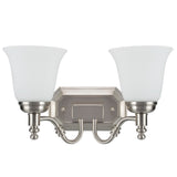 # 62021-2 Two-Light Metal Bathroom Vanity Wall Light Fixture, 15 1/2" Wide, Transitional Design in Satin Nickel with Frosted Glass Shade