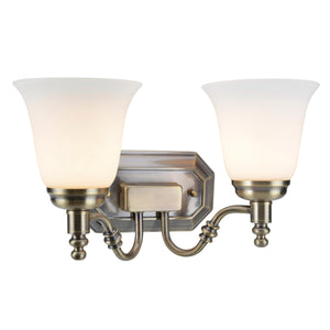 # 62021-3 Two-Light Metal Bathroom Vanity Wall Light Fixture, 6" Wide, Transitional Design in Antique Brass with Frosted Glass Shade
