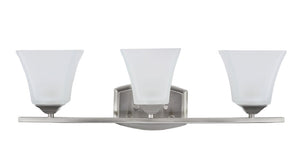 # 62054 Three-Light Metal Bathroom Vanity Wall Light Fixture, 24" W, Transitional Design, Brushed Nickel with Etched White Glass
